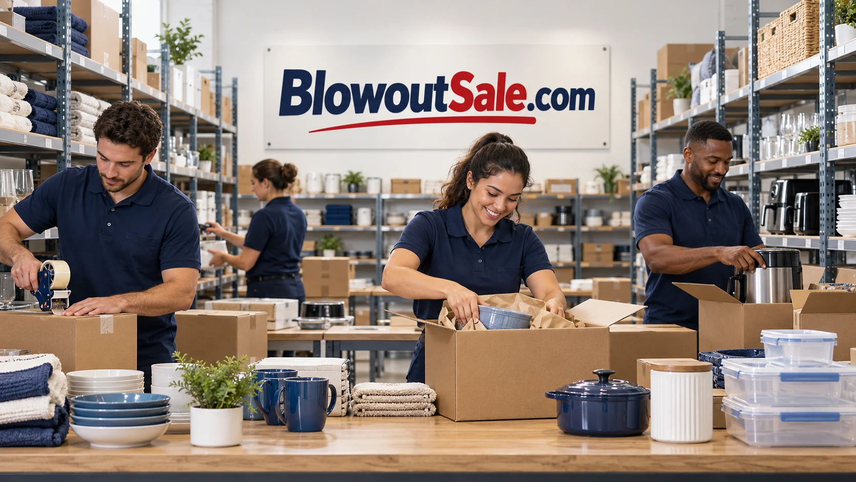 A retail team preparing a carefully organized clearance range under BlowoutSale.com signage
