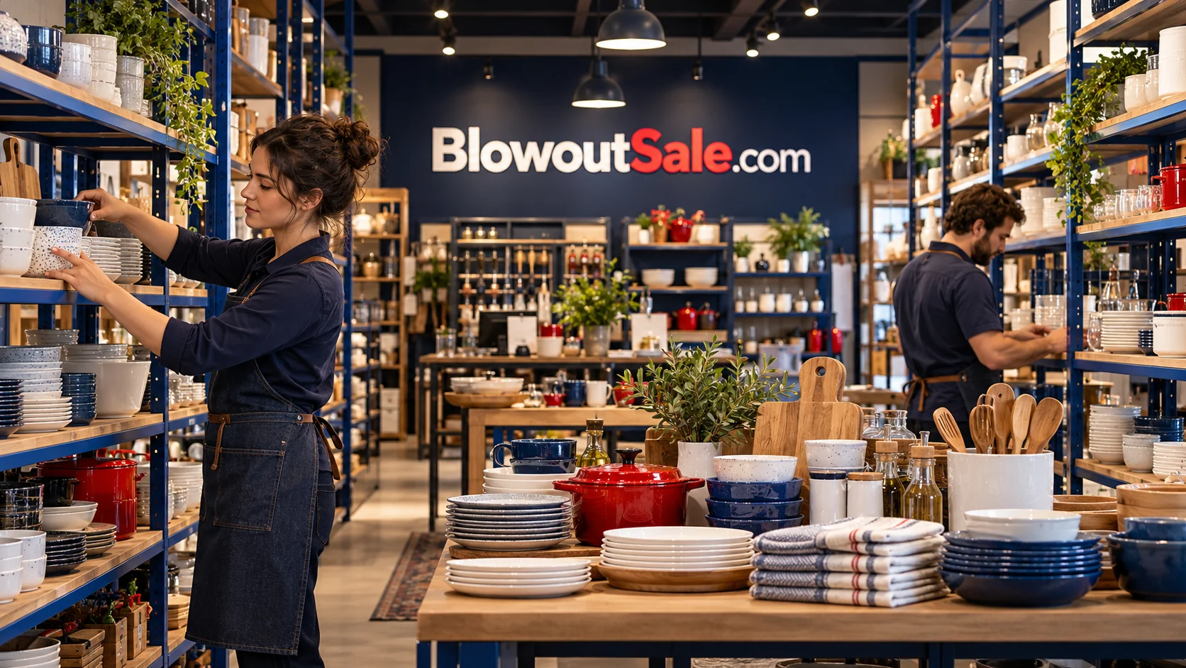 An orderly contemporary clearance store with household goods and warm retail lighting