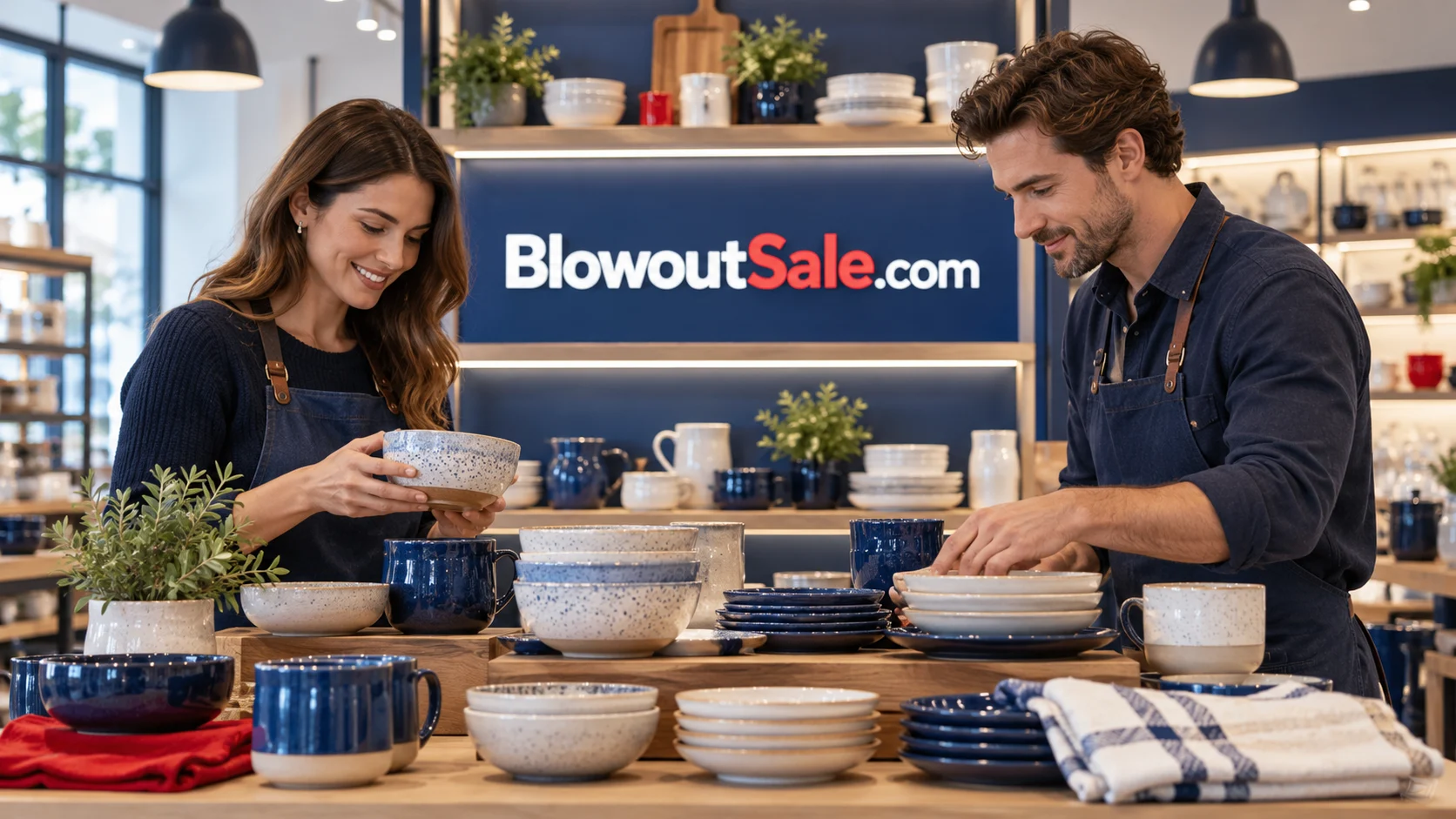 An orderly household goods clearance store with BlowoutSale.com on its retail display